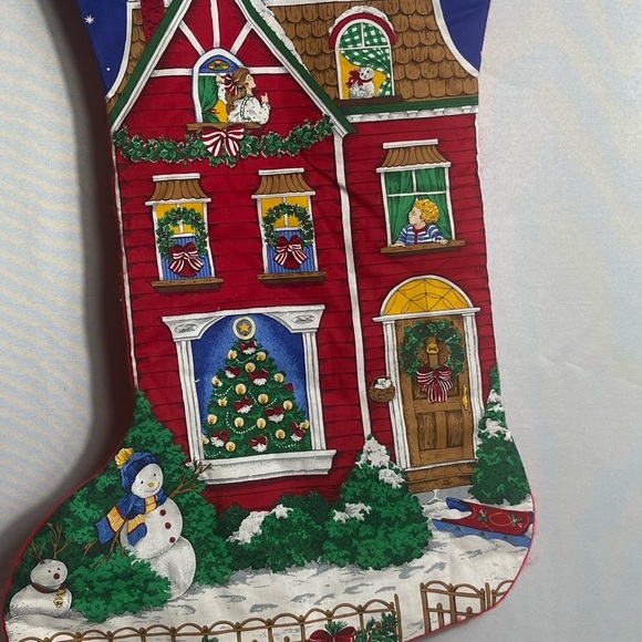 Large Quilted Christmas Stocking Santa Flying Over House Scene 27”x14” - Picture 3 of 9